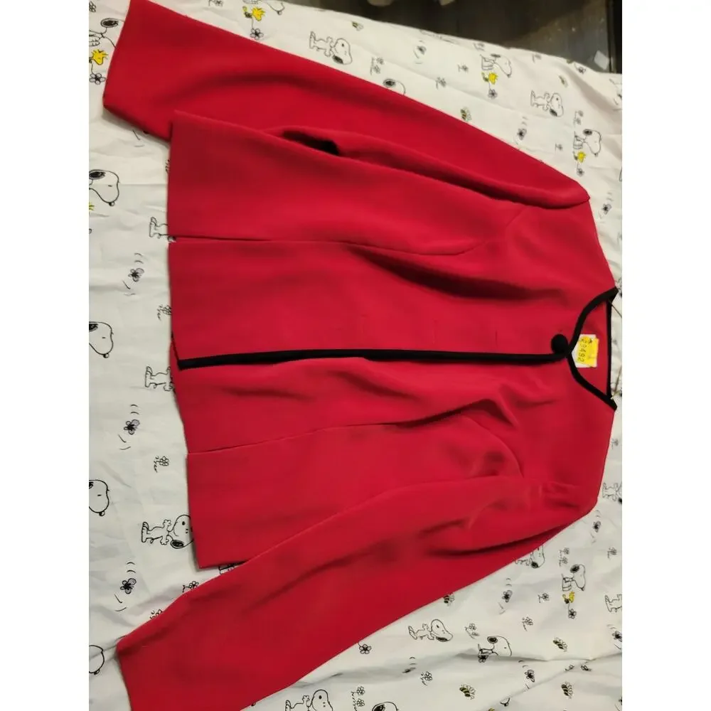 Vintage Leslie Fay Women Red Blazer/ Suit Jacket Fanccy Buttons Black Trim 12 P